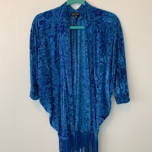 Cobalt Blue velvet pattern kimono with fringe
